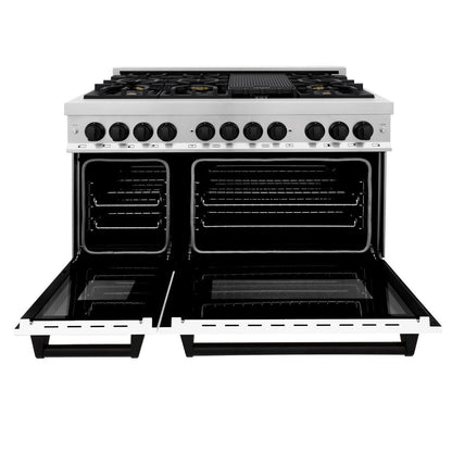 ZLINE Autograph Edition 48 in. 6.0 cu. ft. Legacy Dual Fuel Range with 7 Burner Gas Cooktop and 2 Electric Ovens in Stainless Steel with White Matte Doors and Matte Black Accents (RAZ-WM-48-MB)