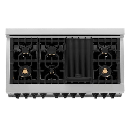 ZLINE Autograph Edition 48 in. Kitchen Package with Stainless Steel Dual Fuel Range with White Matte Door, Range Hood and Dishwasher with Matte Black Accents (3AKP-RAWMRHDWM48-MB)