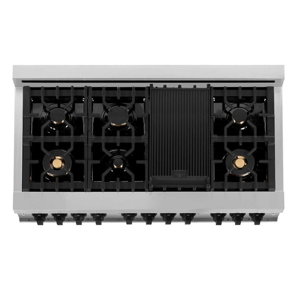 ZLINE Autograph Edition 48 in. Kitchen Package with Stainless Steel Dual Fuel Range with White Matte Door and Range Hood with Matte Black Accents (2AKP-RAWMRH48-MB)