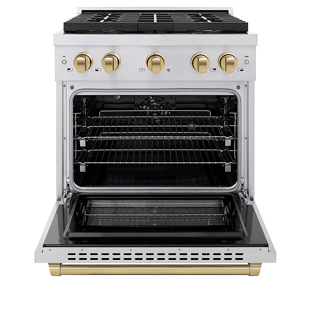 ZLINE Autograph Edition 30 in. 4.2 cu. ft. Paramount Dual Fuel Range with 4 Burner DuoPro™ Cooktop and Electric Convection Oven in Stainless Steel with Champagne Bronze Accents (PSDRZ-30-CB)