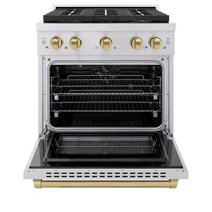 ZLINE Autograph Edition 30 in. 4.2 cu. ft. Paramount Dual Fuel Range with 4 Burner DuoPro™ Cooktop and Electric Convection Oven in Stainless Steel with Champagne Bronze Accents (PSDRZ-30-CB)