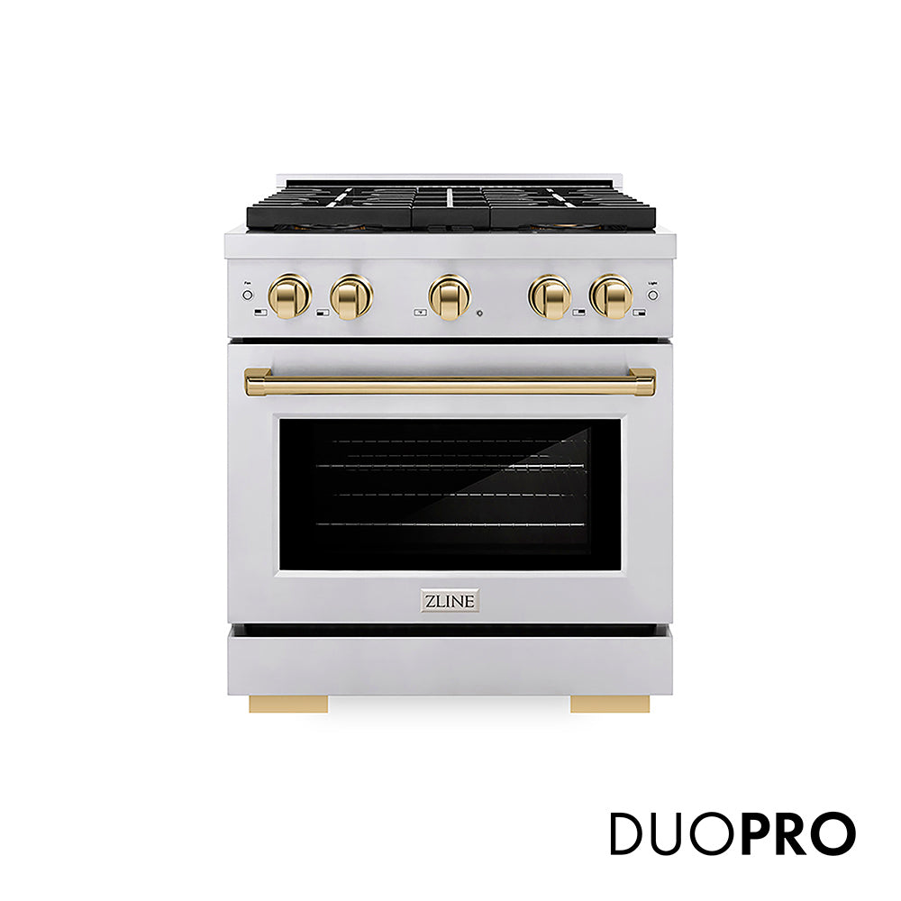ZLINE Autograph Edition 30 in. 4.2 cu. ft. Paramount Dual Fuel Range with 4 Burner DuoPro™ Cooktop and Electric Convection Oven in Stainless Steel with Polished Gold Accents (PSDRZ-30-G)