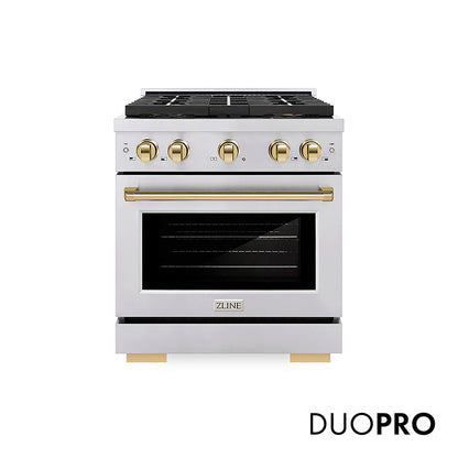 ZLINE Autograph Edition 30 in. 4.2 cu. ft. Paramount Dual Fuel Range with 4 Burner DuoPro™ Cooktop and Electric Convection Oven in Stainless Steel with Polished Gold Accents (PSDRZ-30-G)