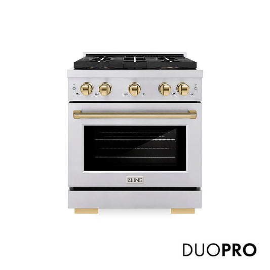 ZLINE Autograph Edition 30 in. 4.2 cu. ft. Paramount Dual Fuel Range with 4 Burner DuoPro™ Cooktop and Electric Convection Oven in Stainless Steel with Polished Gold Accents (PSDRZ-30-G)