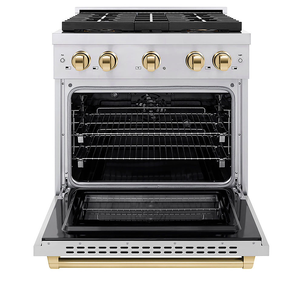ZLINE Autograph Edition 30 in. 4.2 cu. ft. Paramount Dual Fuel Range with 4 Burner DuoPro™ Cooktop and Electric Convection Oven in Stainless Steel with Polished Gold Accents (PSDRZ-30-G)