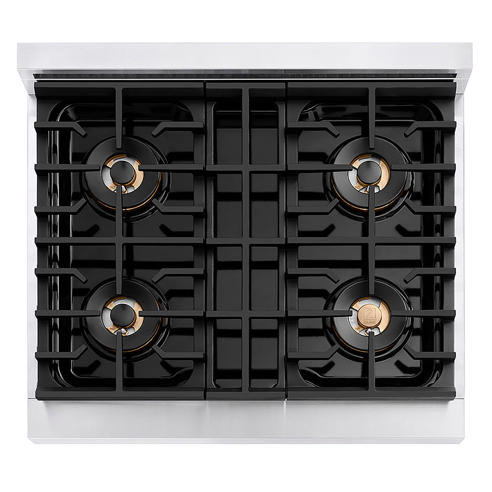 ZLINE Autograph Edition 30 in. 4.2 cu. ft. Paramount Dual Fuel Range with 4 Burner DuoPro™ Cooktop and Electric Convection Oven in Stainless Steel with Polished Gold Accents (PSDRZ-30-G)