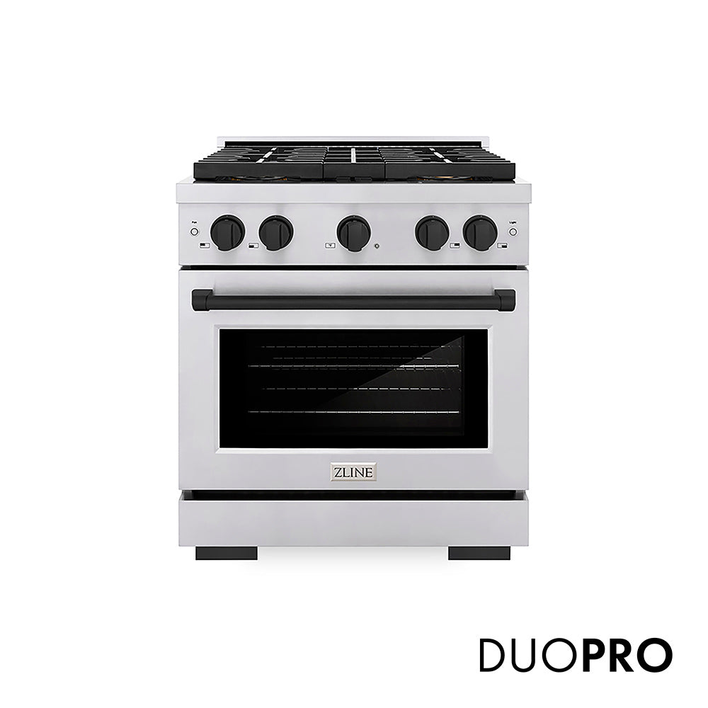 ZLINE Autograph Edition 30 in. 4.2 cu. ft. Paramount Dual Fuel Range with 4 Burner DuoPro™ Cooktop and Electric Convection Oven in Stainless Steel with Matte Black Accents (PSDRZ-30-MB)