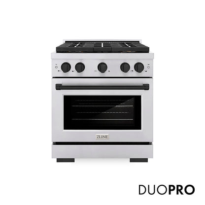 ZLINE Autograph Edition 30 in. 4.2 cu. ft. Paramount Dual Fuel Range with 4 Burner DuoPro™ Cooktop and Electric Convection Oven in Stainless Steel with Matte Black Accents (PSDRZ-30-MB)