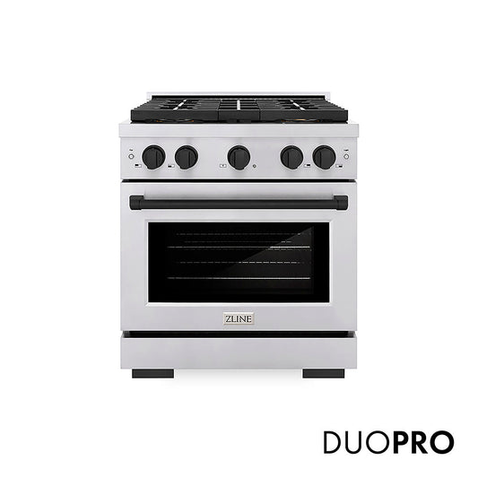 ZLINE Autograph Edition 30 in. 4.2 cu. ft. Paramount Dual Fuel Range with 4 Burner DuoPro™ Cooktop and Electric Convection Oven in Stainless Steel with Matte Black Accents (PSDRZ-30-MB)