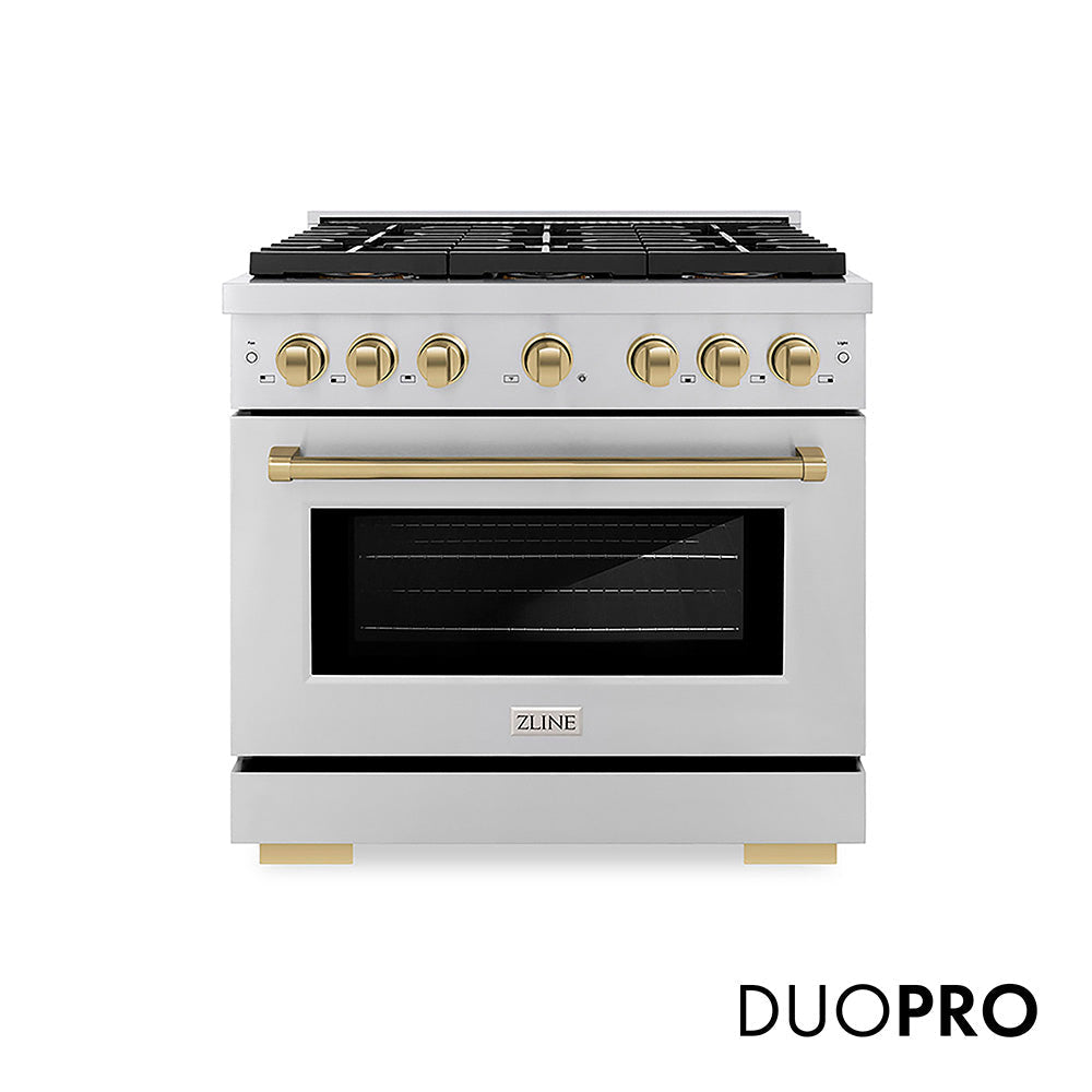 ZLINE Autograph Edition 36 in. 5.2 cu. ft. Paramount Dual Fuel Range with 6 Burner DuoPro™ Cooktop and Electric Convection Oven in Stainless Steel and Champagne Bronze Accents (PSDRZ-36-CB)