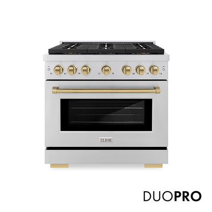 ZLINE Autograph Edition 36 in. 5.2 cu. ft. Paramount Dual Fuel Range with 6 Burner DuoPro™ Cooktop and Electric Convection Oven in Stainless Steel and Champagne Bronze Accents (PSDRZ-36-CB)