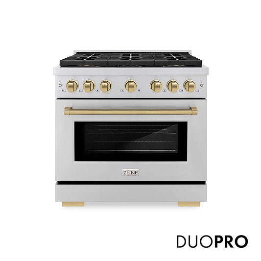 ZLINE Autograph Edition 36 in. 5.2 cu. ft. Paramount Dual Fuel Range with 6 Burner DuoPro™ Cooktop and Electric Convection Oven in Stainless Steel and Champagne Bronze Accents (PSDRZ-36-CB)