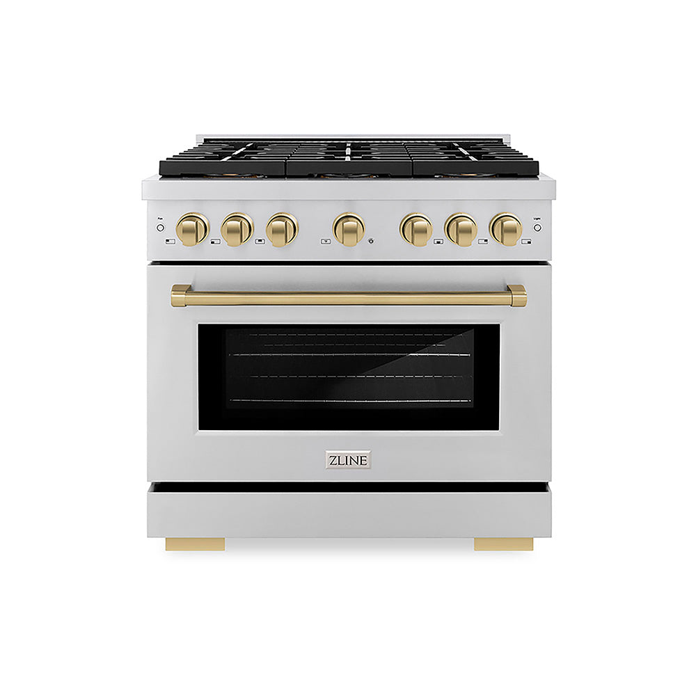 ZLINE Autograph Edition 36 in. 5.2 cu. ft. Paramount Dual Fuel Range with 6 Burner DuoPro™ Cooktop and Electric Convection Oven in Stainless Steel and Champagne Bronze Accents (PSDRZ-36-CB)