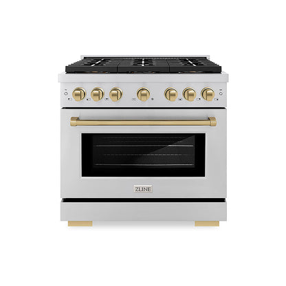ZLINE Autograph Edition 36 in. 5.2 cu. ft. Paramount Dual Fuel Range with 6 Burner DuoPro™ Cooktop and Electric Convection Oven in Stainless Steel and Champagne Bronze Accents (PSDRZ-36-CB)