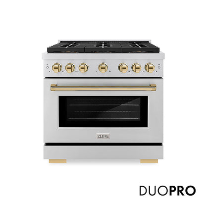 ZLINE Autograph Edition 36 in. 5.2 cu. ft. Paramount Dual Fuel Range with 6 Burner DuoPro™ Cooktop and Electric Convection Oven in Stainless Steel and Polished Gold Accents (PSDRZ-36-G)