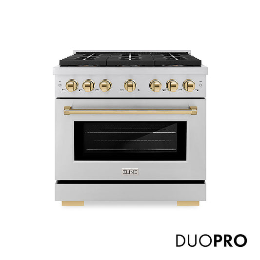 ZLINE Autograph Edition 36 in. 5.2 cu. ft. Paramount Dual Fuel Range with 6 Burner DuoPro™ Cooktop and Electric Convection Oven in Stainless Steel and Polished Gold Accents (PSDRZ-36-G)