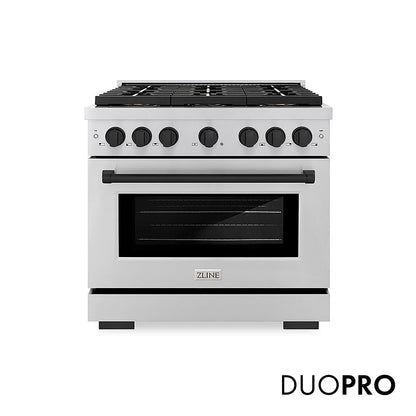 ZLINE Autograph Edition 36 in. 5.2 cu. ft. Paramount Dual Fuel Range with 6 Burner DuoPro™ Cooktop and Electric Convection Oven in Stainless Steel and Matte Black Accents (PSDRZ-36-MB)