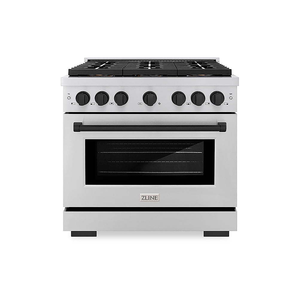 ZLINE Autograph Edition 36 in. 5.2 cu. ft. Paramount Dual Fuel Range with 6 Burner DuoPro™ Cooktop and Electric Convection Oven in Stainless Steel and Matte Black Accents (PSDRZ-36-MB)