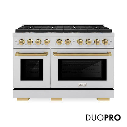 ZLINE Autograph Edition 48 in. 6.7 cu. ft. Paramount Dual Fuel Range with 8 Burner DuoPro™ Cooktop and Dual Ovens in Stainless Steel and Champagne Bronze Accents (PSDRZ-48-CB)