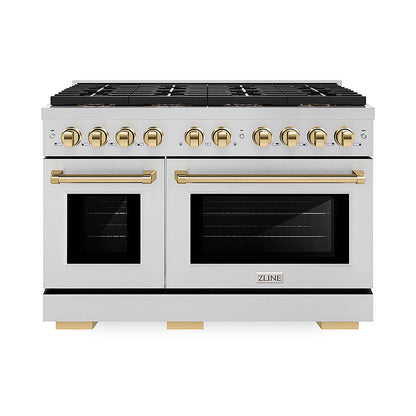 ZLINE Autograph Edition 48 in. 6.7 cu. ft. Paramount Dual Fuel Range with 8 Burner DuoPro™ Cooktop and Dual Ovens in Stainless Steel and Polished Gold Accents (PSDRZ-48-G)