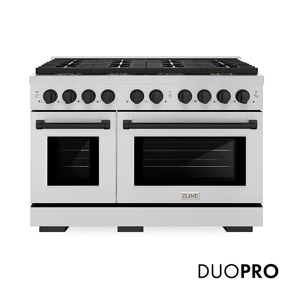 ZLINE Autograph Edition 48 in. 6.7 cu. ft. Paramount Dual Fuel Range with 8 Burner DuoPro™ Cooktop and Dual Ovens in Stainless Steel and Matte Black Accents (PSDRZ-48-MB)