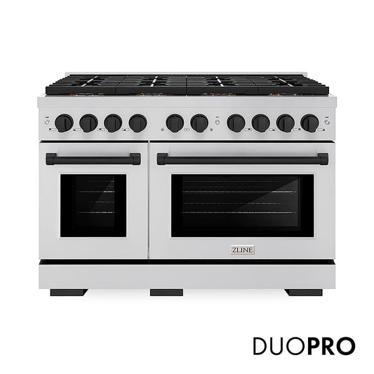ZLINE Autograph Edition 48 in. 6.7 cu. ft. Paramount Dual Fuel Range with 8 Burner DuoPro™ Cooktop and Dual Ovens in Stainless Steel and Matte Black Accents (PSDRZ-48-MB)