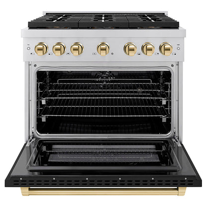 ZLINE Autograph Edition 36 in. 5.2 cu. ft. Paramount Dual Fuel Range with 6 Burner DuoPro™ Cooktop and Electric Convection Oven with Black Matte Door and Polished Gold Accents (PSDRZ-BLM-36-G)