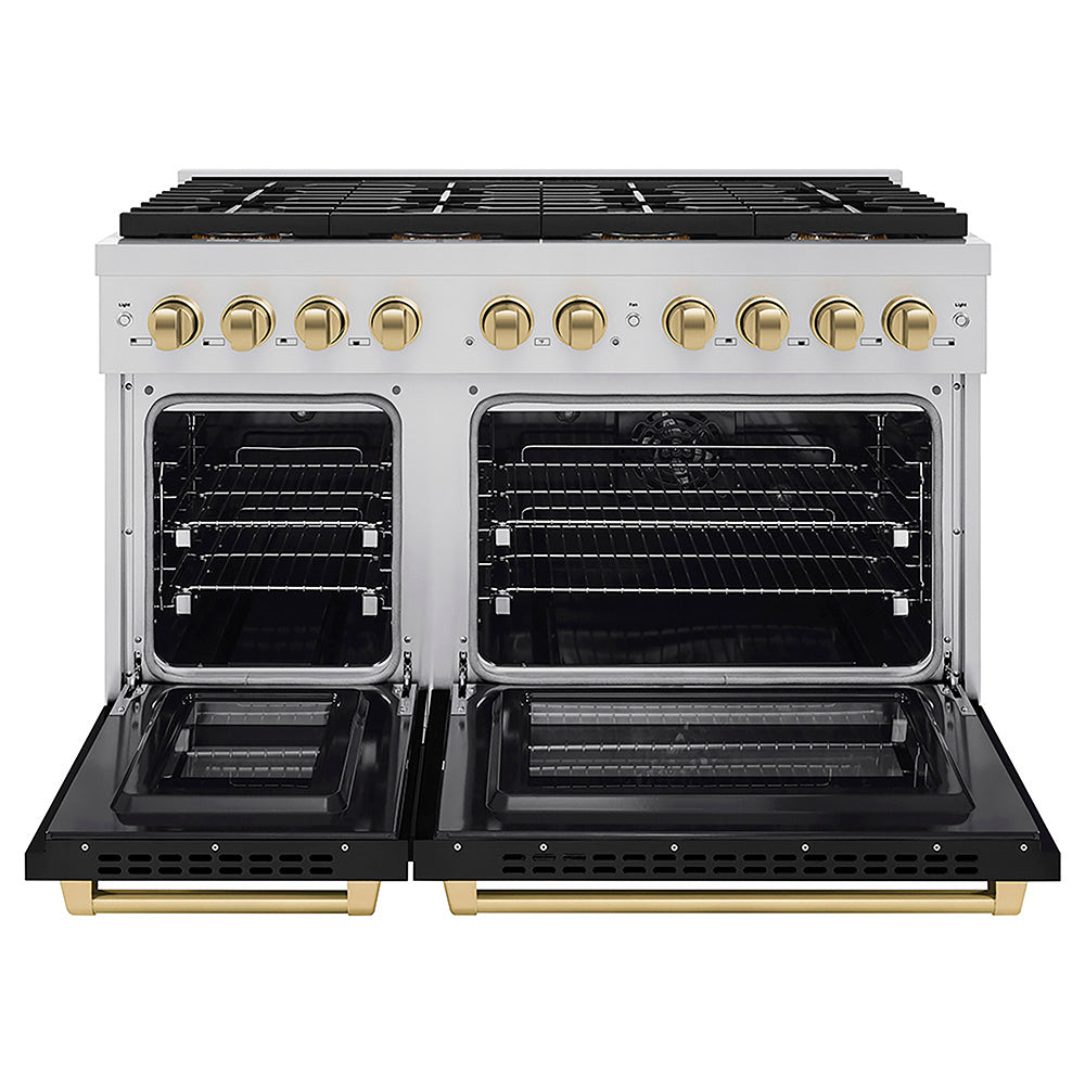 ZLINE Autograph Edition 48 in. 6.7 cu. ft. Paramount Dual Fuel Range with 8 Burner DuoPro™ Cooktop and Dual Ovens with Black Matte Doors and Champagne Bronze Accents (PSDRZ-BLM-48-CB)