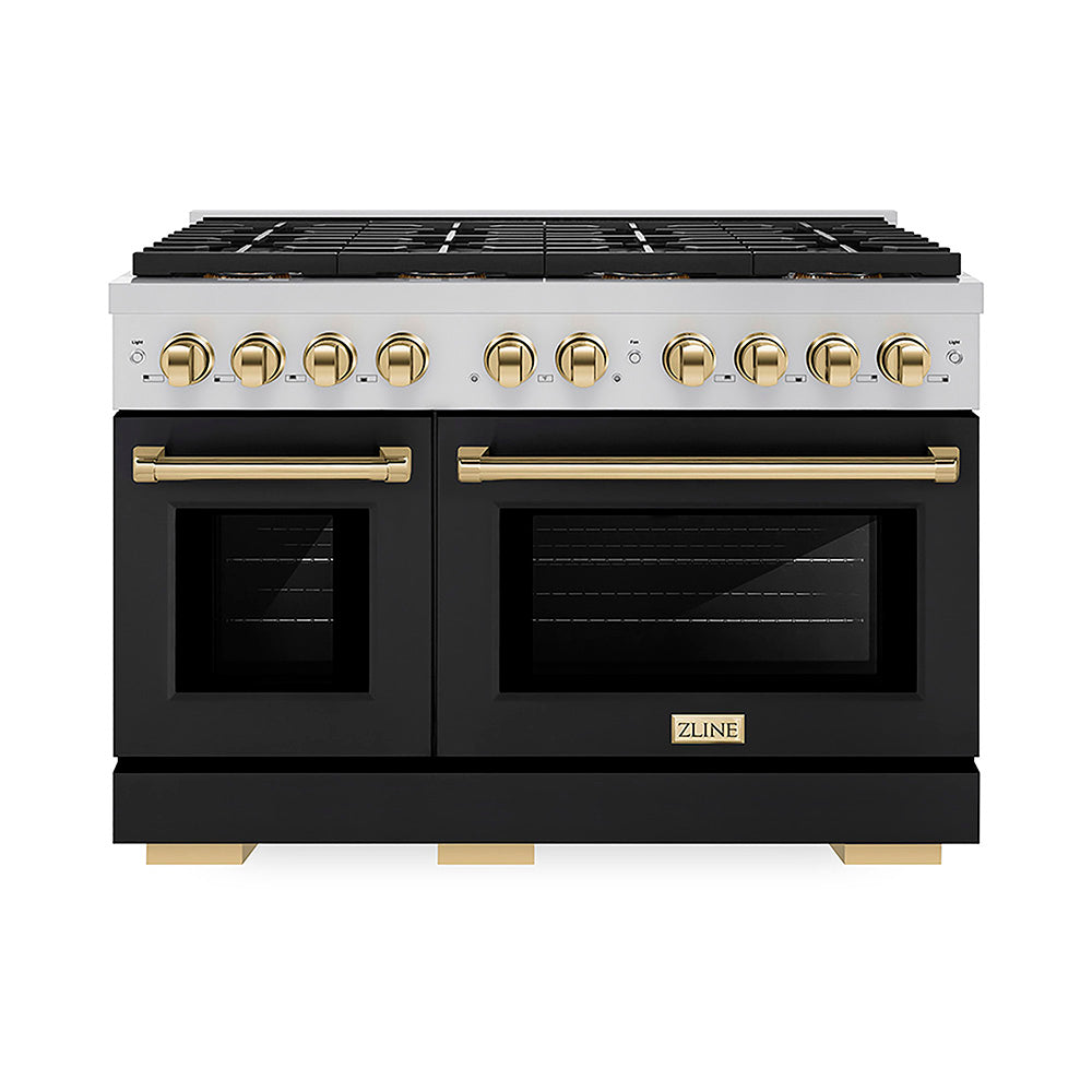 ZLINE Autograph Edition 48 in. 6.7 cu. ft. Paramount Dual Fuel Range with 8 Burner DuoPro™ Cooktop and Dual Ovens with Black Matte Doors and Polished Gold Accents (PSDRZ-BLM-48-G)