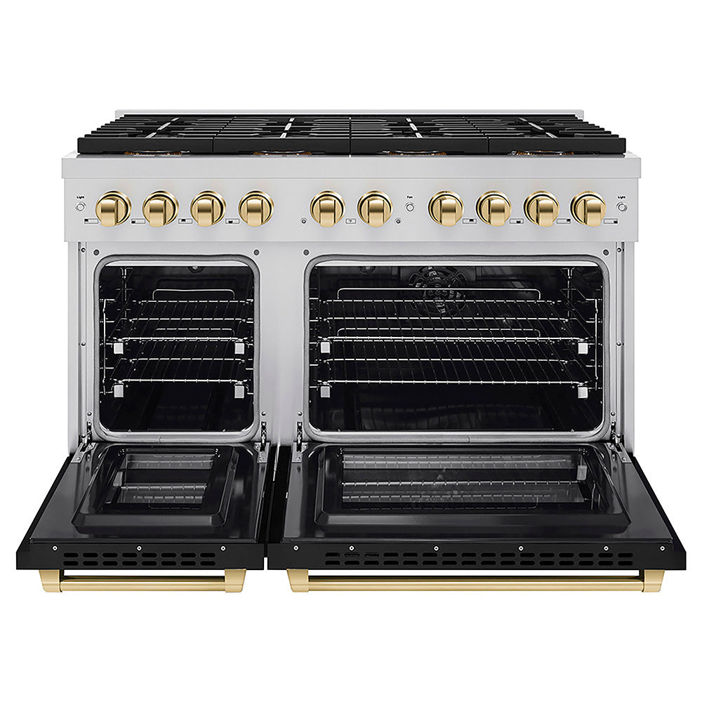 ZLINE Autograph Edition 48 in. 6.7 cu. ft. Paramount Dual Fuel Range with 8 Burner DuoPro™ Cooktop and Dual Ovens with Black Matte Doors and Polished Gold Accents (PSDRZ-BLM-48-G)