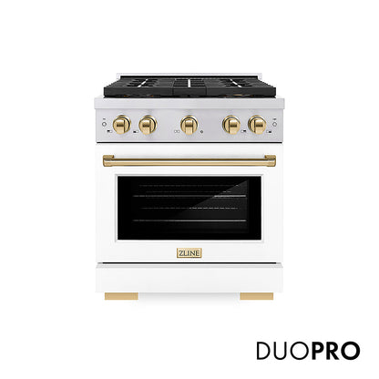 ZLINE Autograph Edition 30 in. 4.2 cu. ft. Paramount Dual Fuel Range with 4 Burner DuoPro™ Cooktop and Electric Convection Oven in Stainless Steel with White Matte Door and Polished Gold Accents (PSDRZ-WM-30-G)