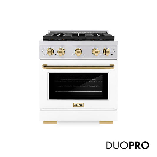 ZLINE Autograph Edition 30 in. 4.2 cu. ft. Paramount Dual Fuel Range with 4 Burner DuoPro™ Cooktop and Electric Convection Oven in Stainless Steel with White Matte Door and Polished Gold Accents (PSDRZ-WM-30-G)