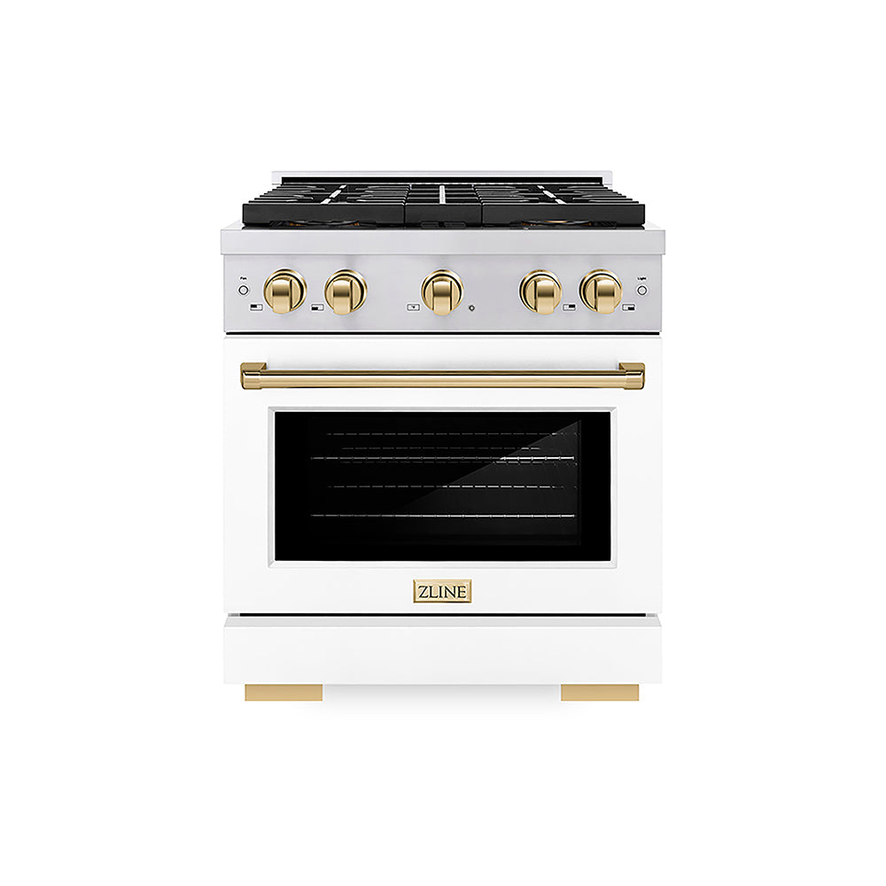 ZLINE Autograph Edition 30 in. 4.2 cu. ft. Paramount Dual Fuel Range with 4 Burner DuoPro™ Cooktop and Electric Convection Oven in Stainless Steel with White Matte Door and Polished Gold Accents (PSDRZ-WM-30-G)