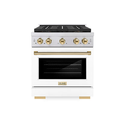ZLINE Autograph Edition 30 in. 4.2 cu. ft. Paramount Dual Fuel Range with 4 Burner DuoPro™ Cooktop and Electric Convection Oven in Stainless Steel with White Matte Door and Polished Gold Accents (PSDRZ-WM-30-G)
