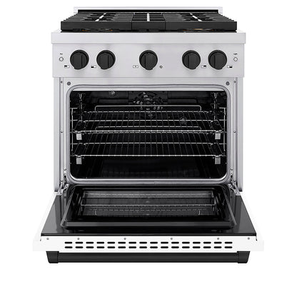 ZLINE Autograph Edition 30 in. 4.2 cu. ft. Paramount Dual Fuel Range with 4 Burner DuoPro™ Cooktop and Electric Convection Oven in Stainless Steel with White Matte Door and Matte Black Accents (PSDRZ-WM-30-MB)
