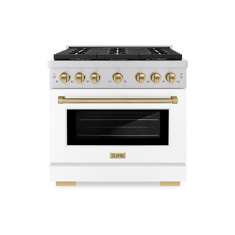 ZLINE Autograph Edition 36 in. 5.2 cu. ft. Paramount Dual Fuel Range with 6 Burner DuoPro™ Cooktop and Electric Convection Oven with White Matte Door and Champagne Bronze Accents (PSDRZ-WM-36-CB)