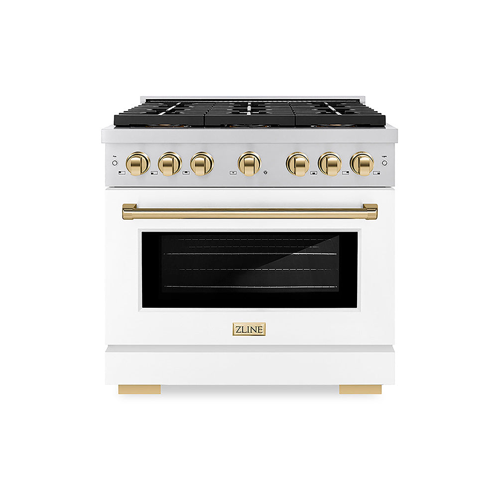 ZLINE Autograph Edition 36 in. 5.2 cu. ft. Paramount Dual Fuel Range with 6 Burner DuoPro™ Cooktop and Electric Convection Oven with White Matte Door and Polished Gold Accents (PSDRZ-WM-36-G)