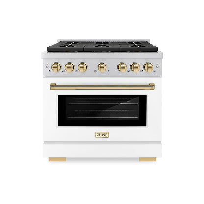 ZLINE Autograph Edition 36 in. 5.2 cu. ft. Paramount Dual Fuel Range with 6 Burner DuoPro™ Cooktop and Electric Convection Oven with White Matte Door and Polished Gold Accents (PSDRZ-WM-36-G)