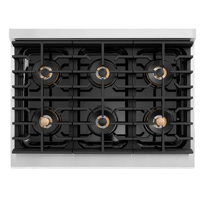 ZLINE Autograph Edition 36 in. 5.2 cu. ft. Paramount Dual Fuel Range with 6 Burner DuoPro™ Cooktop and Electric Convection Oven with White Matte Door and Polished Gold Accents (PSDRZ-WM-36-G)