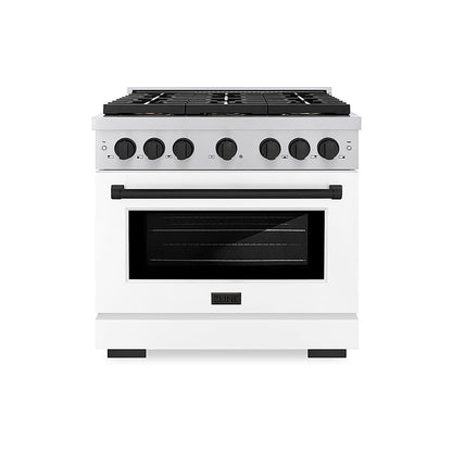 ZLINE Autograph Edition 36 in. 5.2 cu. ft. Paramount Dual Fuel Range with 6 Burner DuoPro™ Cooktop and Electric Convection Oven with White Matte Door and Matte Black Accents (PSDRZ-WM-36-MB)