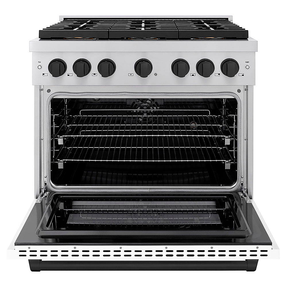 ZLINE Autograph Edition 36 in. 5.2 cu. ft. Paramount Dual Fuel Range with 6 Burner DuoPro™ Cooktop and Electric Convection Oven with White Matte Door and Matte Black Accents (PSDRZ-WM-36-MB)