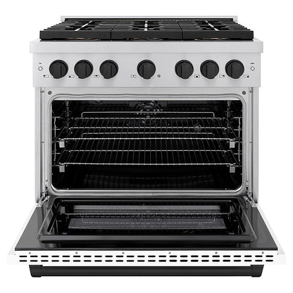 ZLINE Autograph Edition 36 in. 5.2 cu. ft. Paramount Dual Fuel Range with 6 Burner DuoPro™ Cooktop and Electric Convection Oven with White Matte Door and Matte Black Accents (PSDRZ-WM-36-MB)