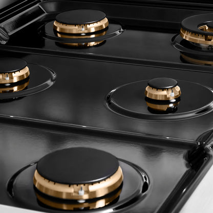 ZLINE Autograph Edition 36 in. 5.2 cu. ft. Paramount Dual Fuel Range with 6 Burner Gas Cooktop and Electric Convection Oven in Stainless Steel with Champagne Bronze Helix Handle and Knob Accents (SDRZ-36-KCB)