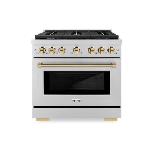ZLINE Autograph Edition 36 in. 5.2 cu. ft. Paramount Dual Fuel Range with 6 Burner Gas Cooktop and Electric Convection Oven in Stainless Steel with Polished Gold Helix Handle and Knob Accents (SDRZ-36-KG)