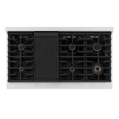 ZLINE Autograph Edition 48 in. 6.7 cu. ft. Paramount Double Oven Dual Fuel Range with 8 Burner Gas Cooktop in Stainless Steel and Champagne Bronze Helix Handles and Knob Accents (SDRZ-48-KCB)