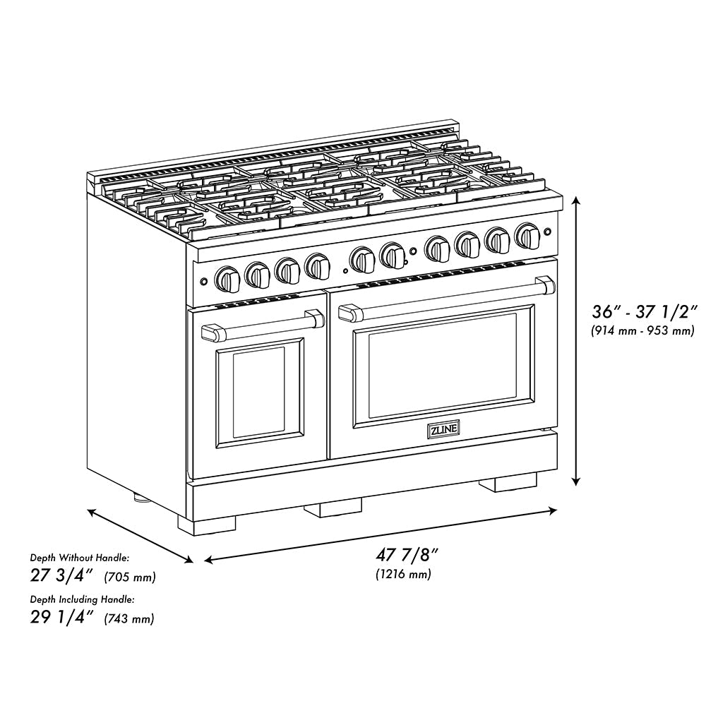 ZLINE Autograph Edition 48 in. 6.7 cu. ft. Paramount Double Oven Dual Fuel Range with 8 Burner Gas Cooktop in Stainless Steel and Polished Gold Helix Handles and Knob Accents (SDRZ-48-KG)