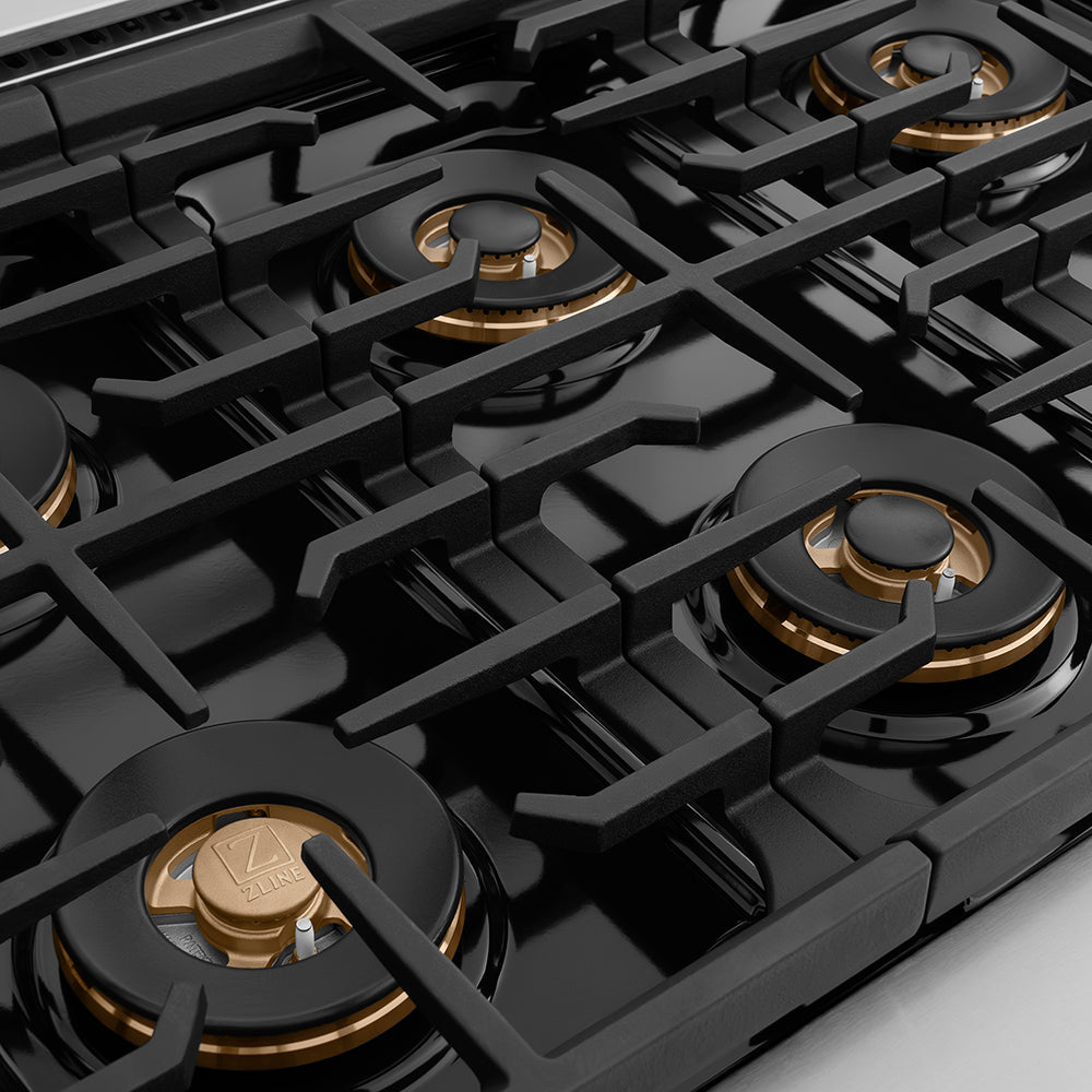 ZLINE Autograph Edition 36 in. 5.2 cu. ft. Paramount Dual Fuel Range with 6 Burner DuoPro™ Cooktop and Electric Convection Oven in Stainless Steel with Champagne Bronze Helix Handle and Accents (PSDRZ-36-KCB)