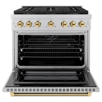 ZLINE Autograph Edition 36 in. 5.2 cu. ft. Paramount Dual Fuel Range with 6 Burner DuoPro™ Cooktop and Electric Convection Oven in Stainless Steel with Polished Gold Helix Handle and Accents (PSDRZ-36-KG)