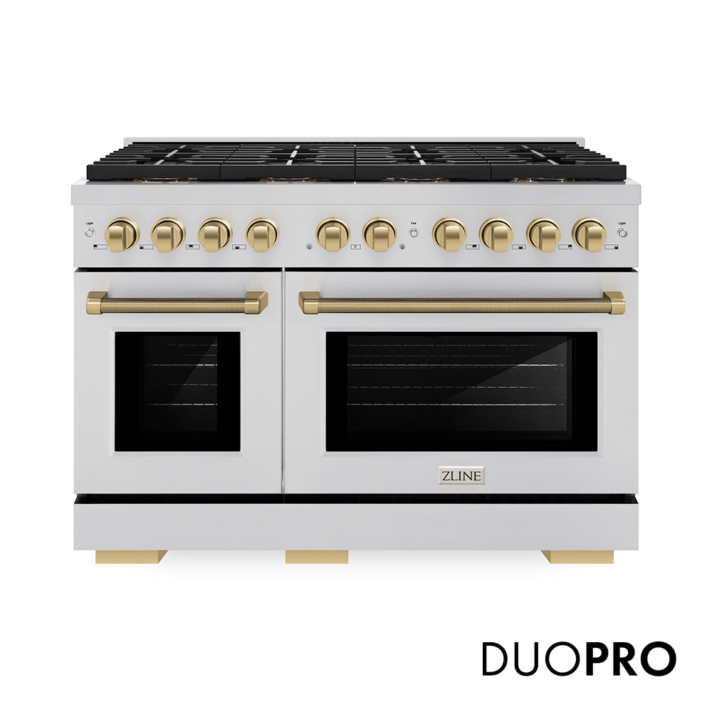ZLINE Autograph Edition 48 in. 6.7 cu. ft. Paramount Dual Fuel Range with 8 Burner DuoPro™ Cooktop and Dual Ovens in Stainless Steel with Champagne Bronze Helix Handles and Accents (PSDRZ-48-KCB)