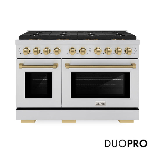 ZLINE Autograph Edition 48 in. 6.7 cu. ft. Paramount Dual Fuel Range with 8 Burner DuoPro™ Cooktop and Dual Ovens in Stainless Steel with Champagne Bronze Helix Handles and Accents (PSDRZ-48-KCB)
